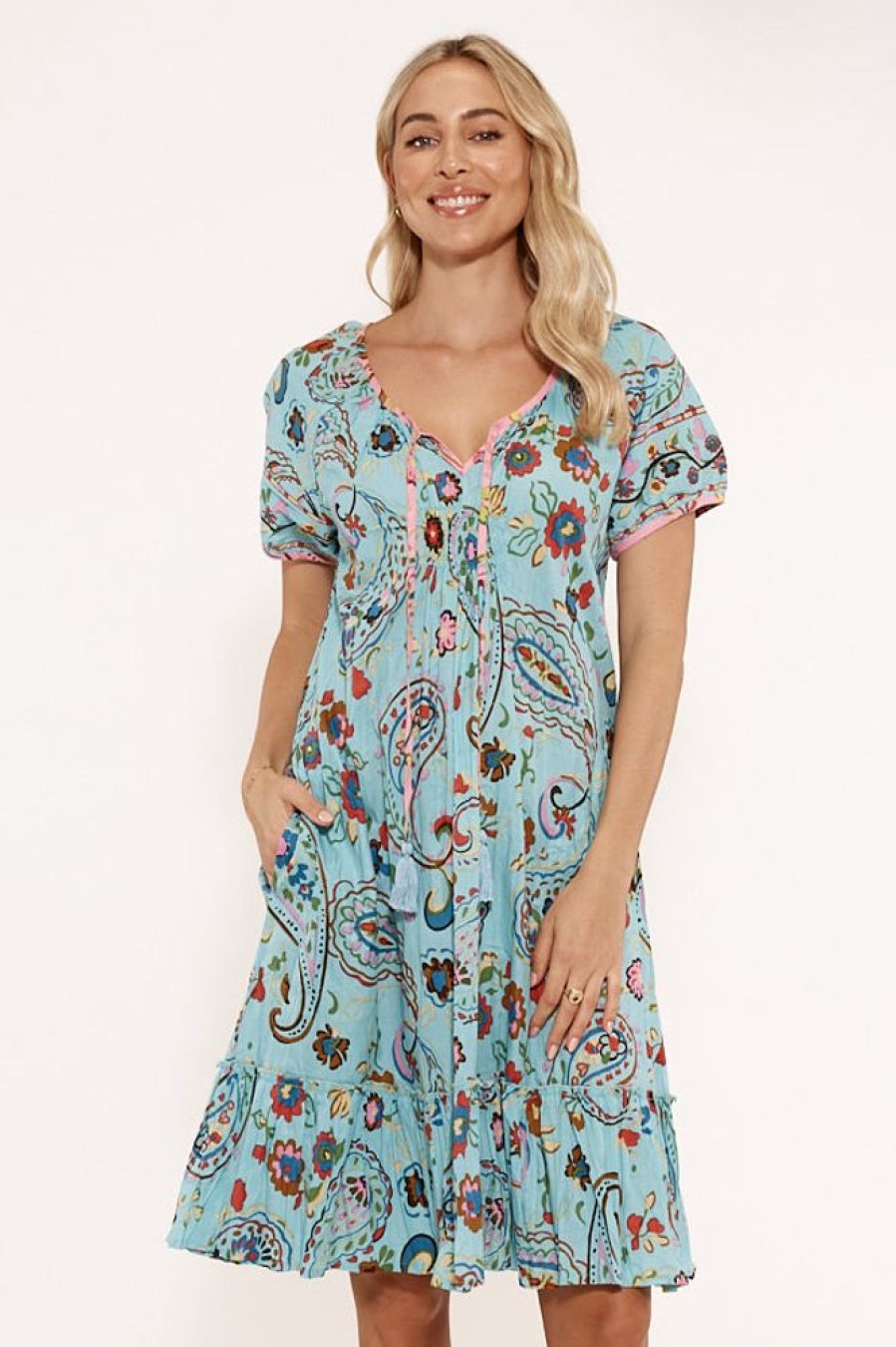 Shop LulaLife | Lulalife Paisley Shirred Dress Surf